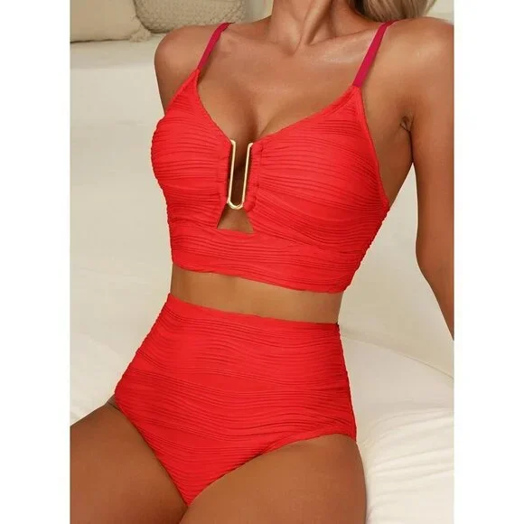 🆕Women Red 2 Piece Bikini Set U-Wire Cutout Swimsuit High Waisted Bathing Suit